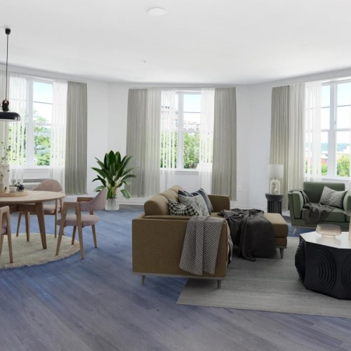 open concept apartment interiors with large windows